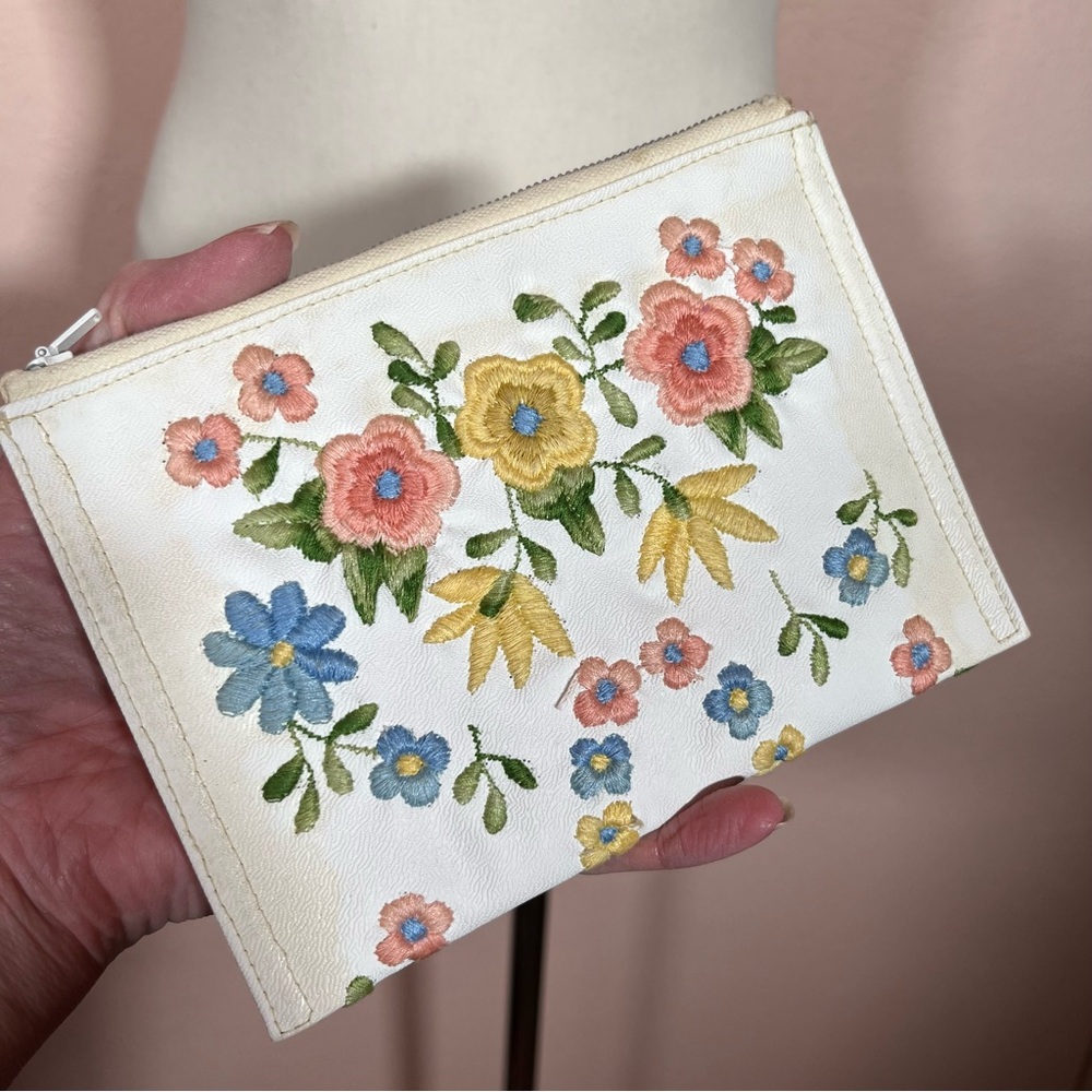 Vintage 40 50 Retro white Leather Pastel embroidered Cottagecore Clutch mini Bag - Picture 16 of 16